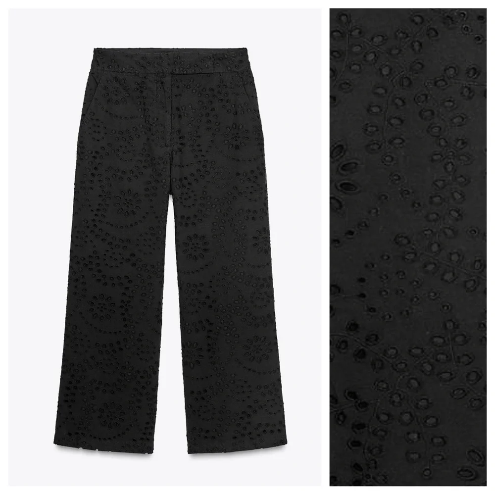 NWT. Zara ZW Collection Black Cutwork Embroider Mid-Waist Trousers. Size XL.